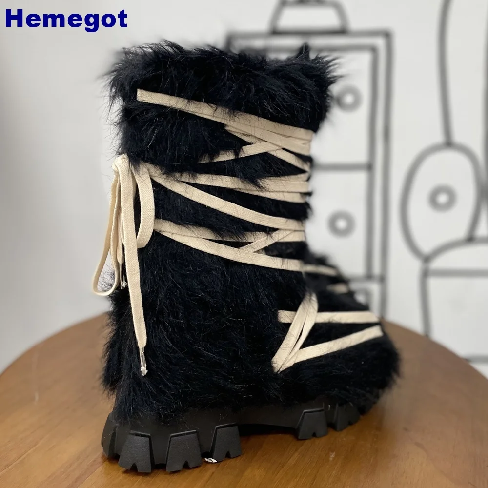 Women Black Furry Mid Calf Pla - Street Fashion Y2K 评论和价格